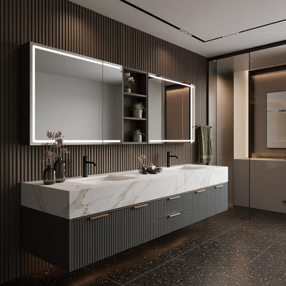 60''-96'' Modern Bathroom Vanity with Sink Double Sink Dark Walnut Slatted Center Panel Cabinet