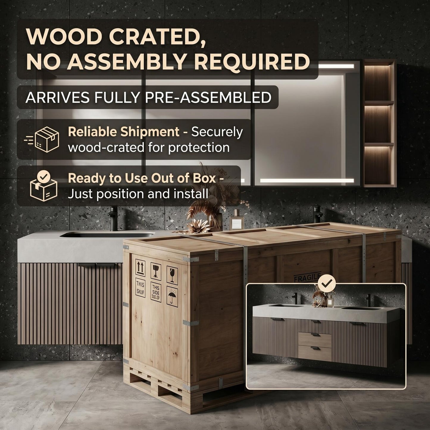 60''-96'' Modern Bathroom Vanity with Sink Double Sink Slatted Veneer Concrete Top Mirror Cabinet