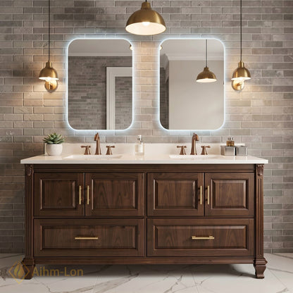 70''-96'' Modern Bathroom Vanity with Sink Dark Wood Rectangular Base Gold Drawers