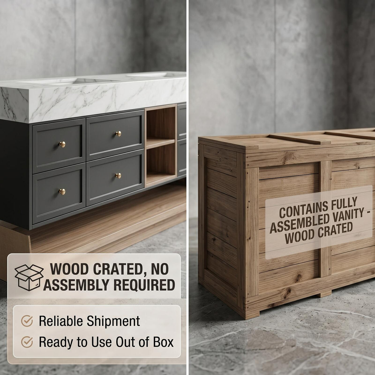 60''-96'' Double Bathroom Vanity with Sink Modern Floating Marble Top Open Wood Shelving