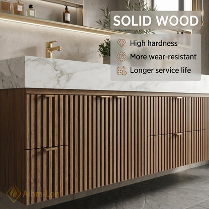 60''-96'' Double Bathroom Vanity with Sink Modern Floating Basins Vertical Slatted Front