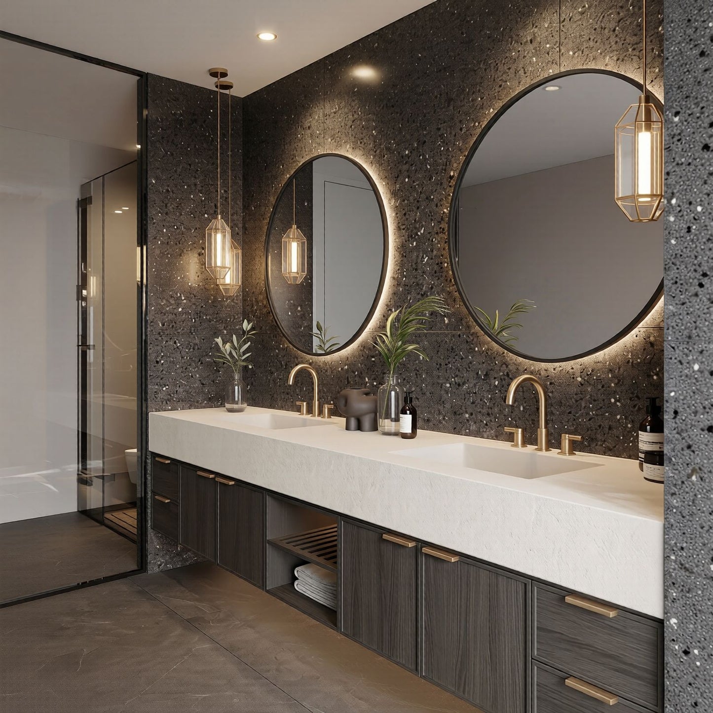 70''-96'' Double Bathroom Vanity with Sink Marble Top Dark Wood Grains Floating Shelf