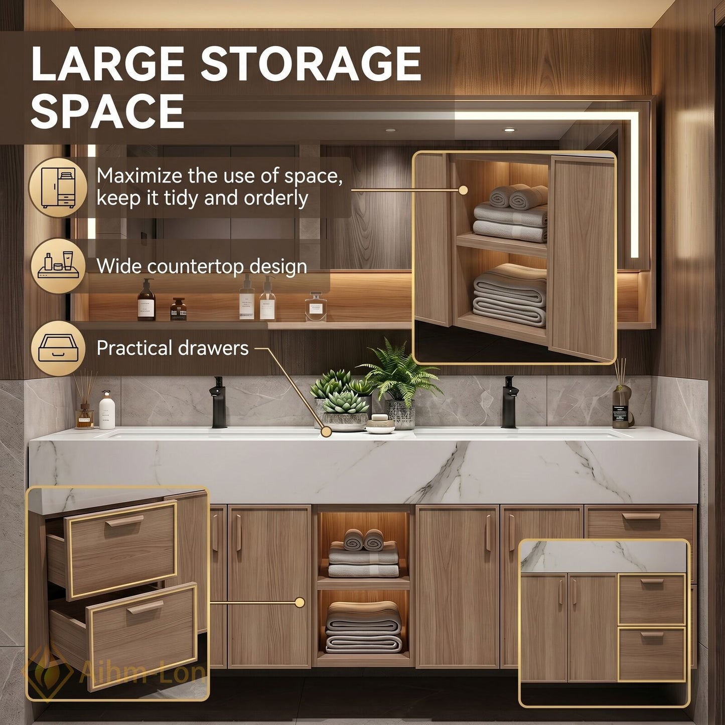 76''-96'' Double Bathroom Vanity with Sink Floating Wall-Mounted Cabinetry Mounted Solid Wood