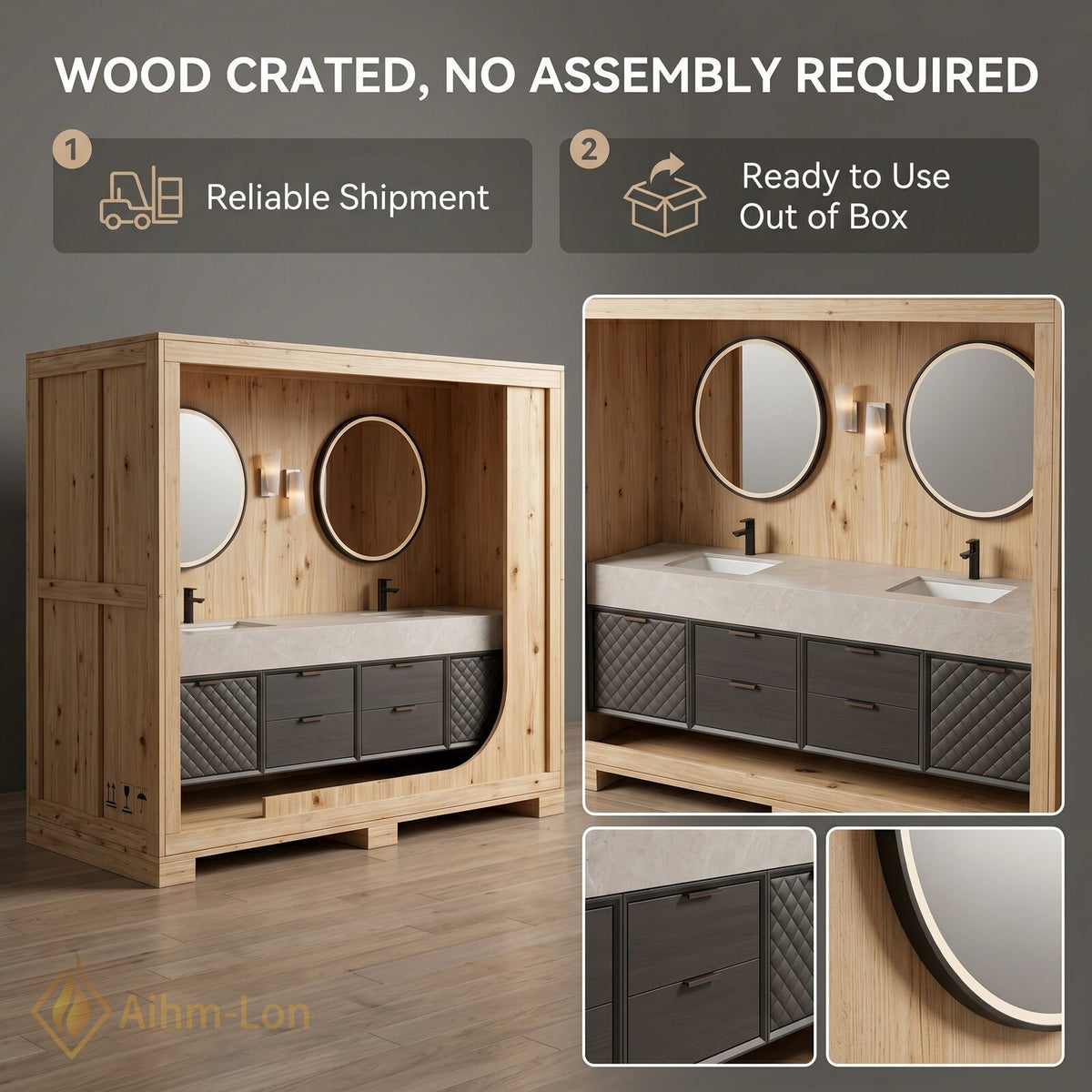 60''-96'' Double Bathroom Vanity with Sink Quartz Top Quilted Dark Cabinet Storage