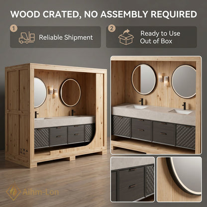 60''-96'' Double Bathroom Vanity with Sink Quartz Top Quilted Dark Cabinet Storage