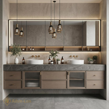 60''-96'' Double Bathroom Vanity with Sink Slatted Glass Door Grey Marble Finish