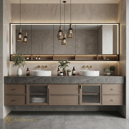 60''-96'' Double Bathroom Vanity with Sink Slatted Glass Door Grey Marble Finish