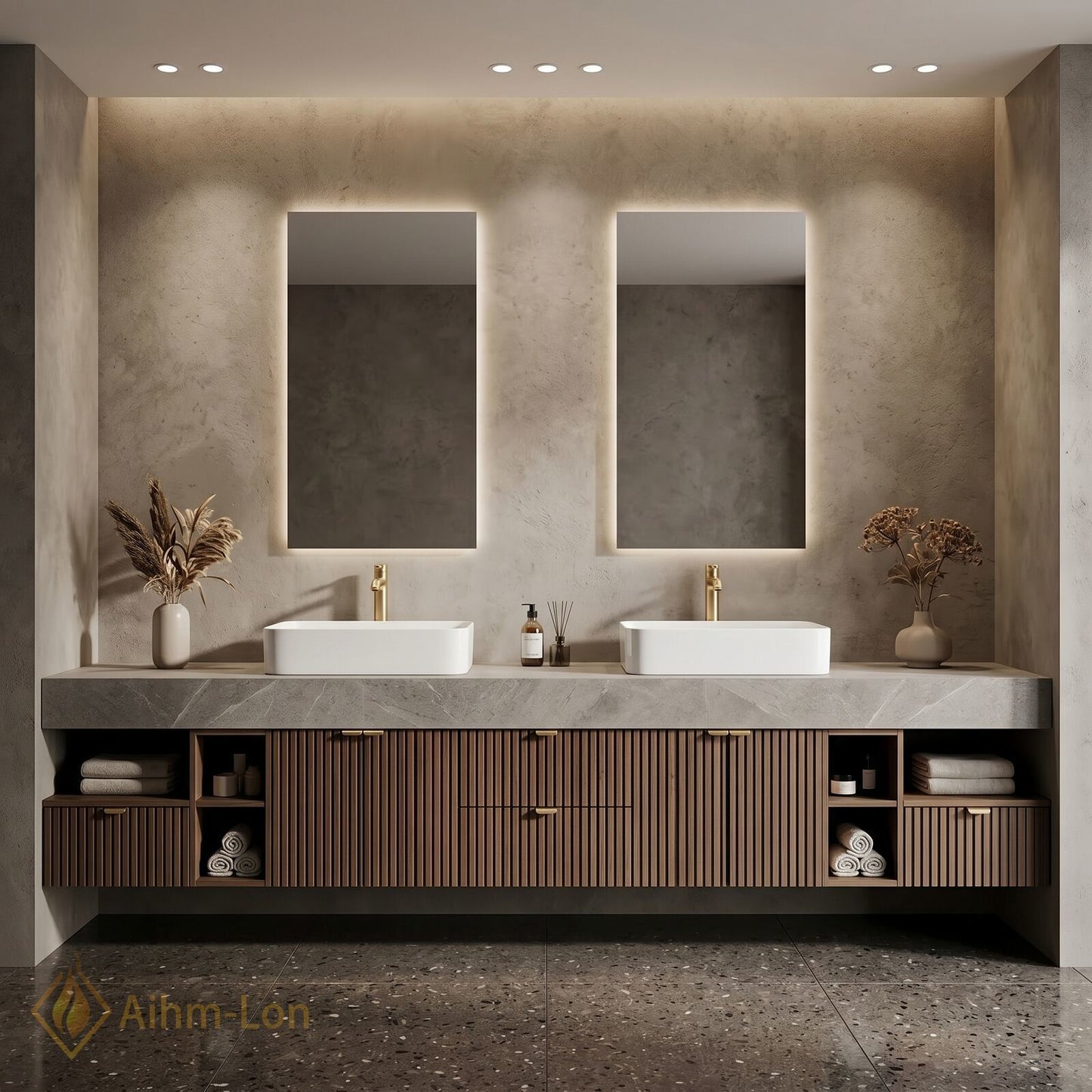 78''-96'' Double Bathroom Vanity with Sink Grey-Marble Grey Floating Modern Slatted Wood