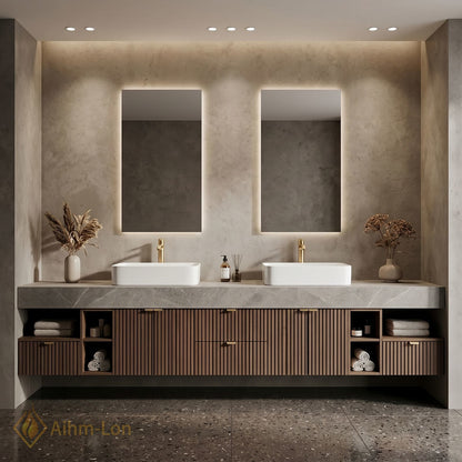 78''-96'' Double Bathroom Vanity with Sink Grey-Marble Grey Floating Modern Slatted Wood