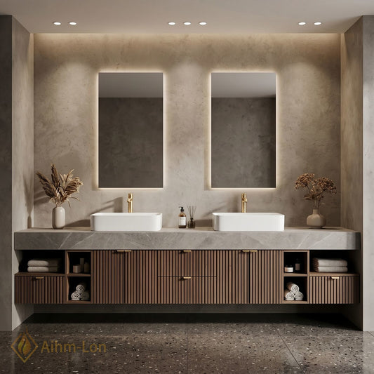 78''-96'' Double Bathroom Vanity with Sink Grey-Marble Grey Floating Modern Slatted Wood