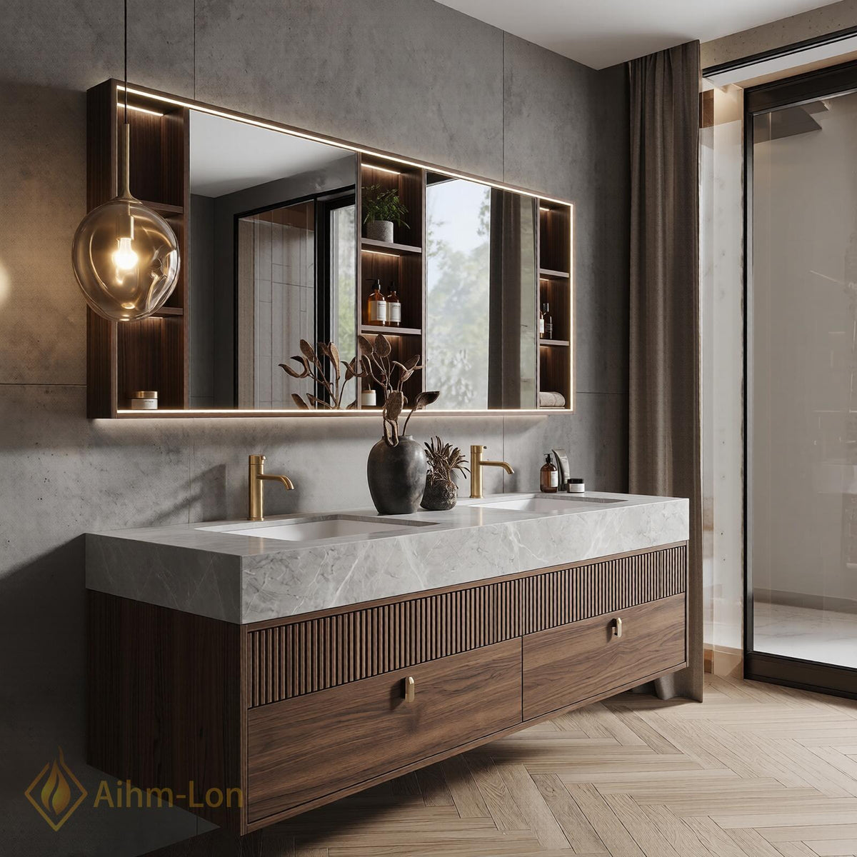 60''-96'' Double Bathroom Vanity with Sink Modern Floating Slatted Front Marble-Look Top