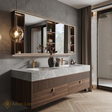 60''-96'' Double Bathroom Vanity with Sink Modern Floating Slatted Front Marble-Look Top