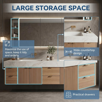 70''-96'' Modern Bathroom Vanity with Sink Double Sink Grooved Vertical Wood Finish Drawers Cabinet
