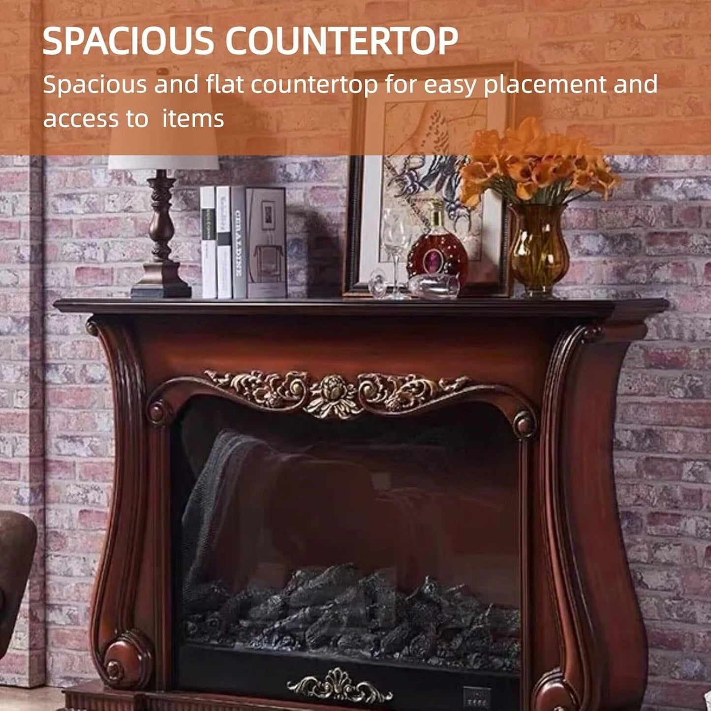 Aihm-Lon Brown Electric Fireplace with Wood Grain and Carved Decoration 59”