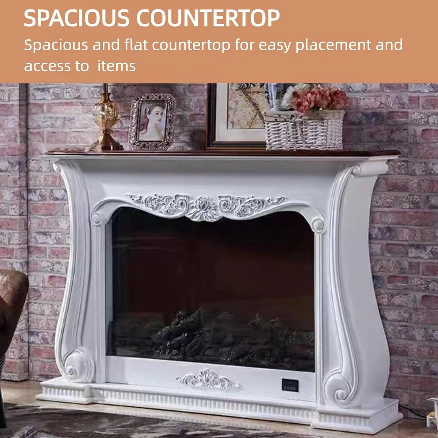 Aihm-Lon Brown Electric Fireplace with Wood Grain and Carved Decoration 59”