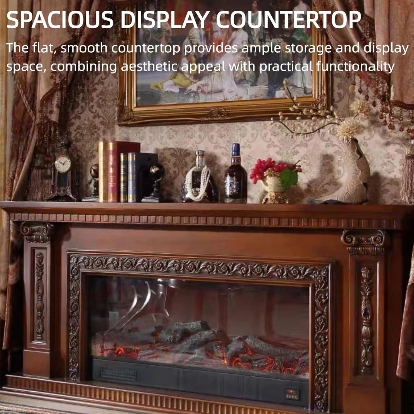 Aihm-Lon Vintage Electric Fireplace with Brown Floral Relief 79”