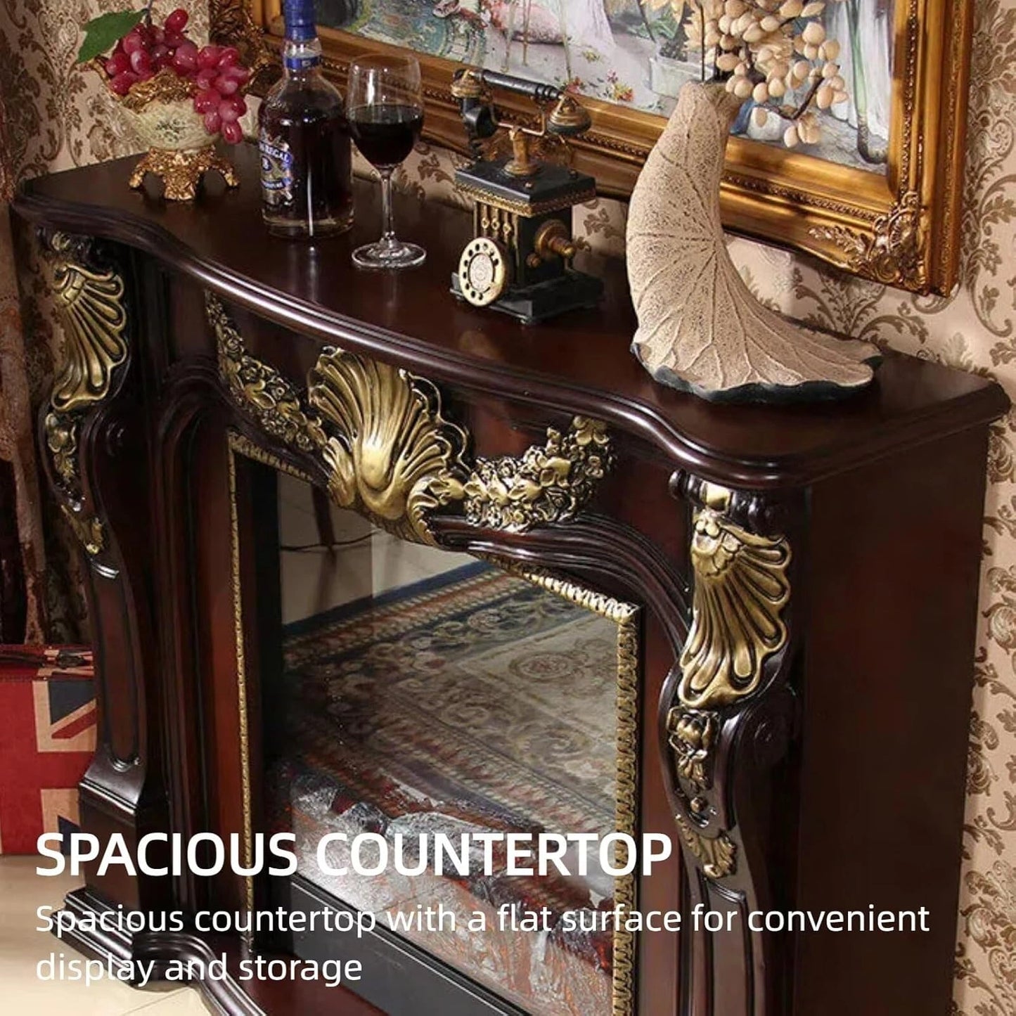 Aihm-Lon Brown Electric Fireplace Includes Gold Outline & Vintage Luxury Carving 47”