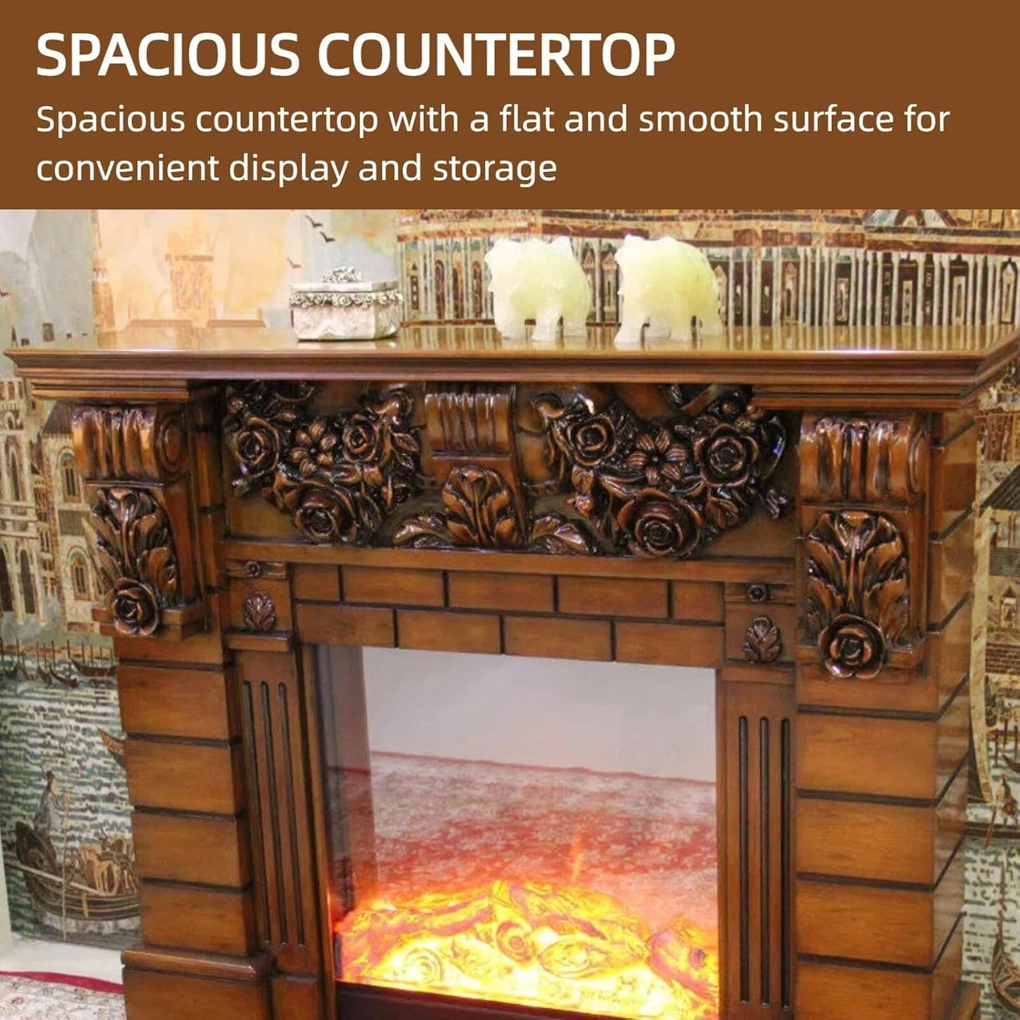 Aihm-Lon Brown Electric Fireplace Includes Vintage Rose Carving 51”