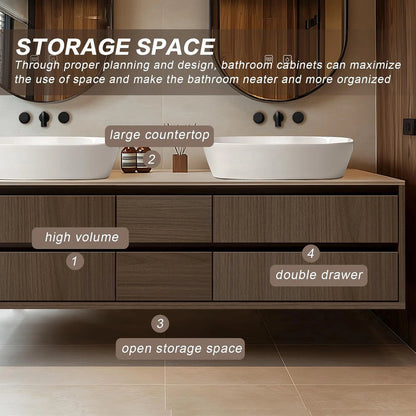 60"-96" Floating Bathroom Vanity with Double Sinks Includes Multiple Wood Grain Drawers