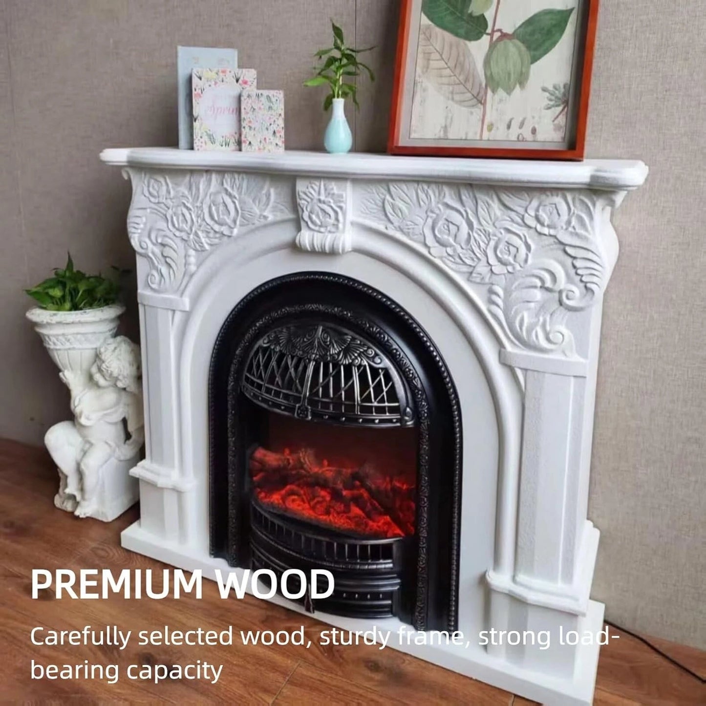 Aihm-Lon Vintage Electric Fireplace with Real Flame Insert and White Carved 47”