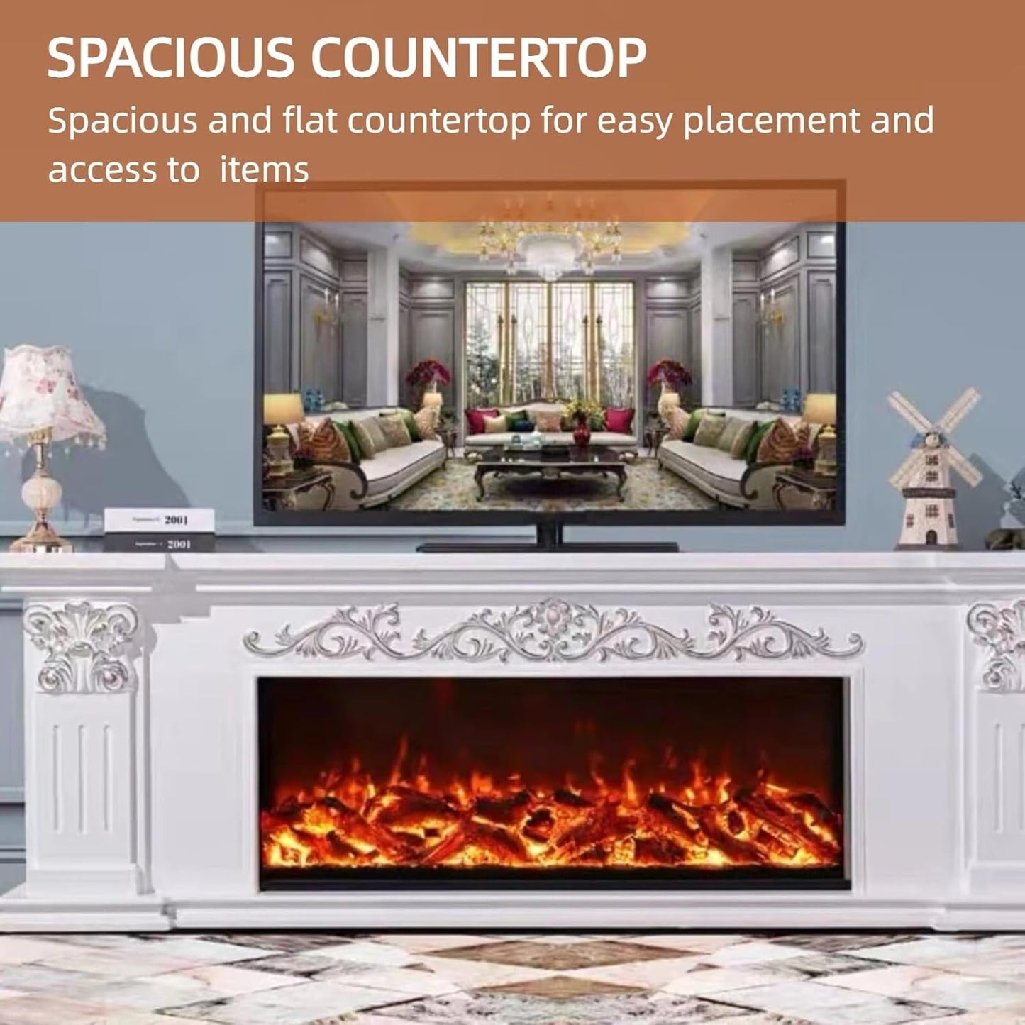 Aihm-Lon White Electric Fireplace Includes Gold-Outlined 71”