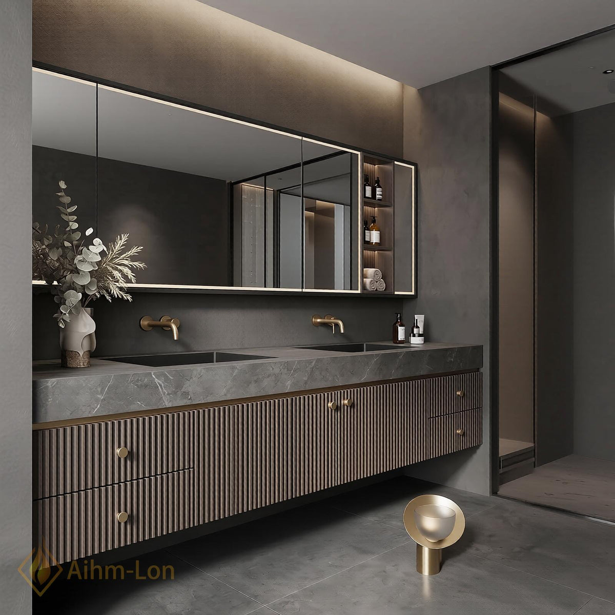 76''-96'' Double Bathroom Vanity with Sink Vertical Slatted Charcoal Finish Floating Double
