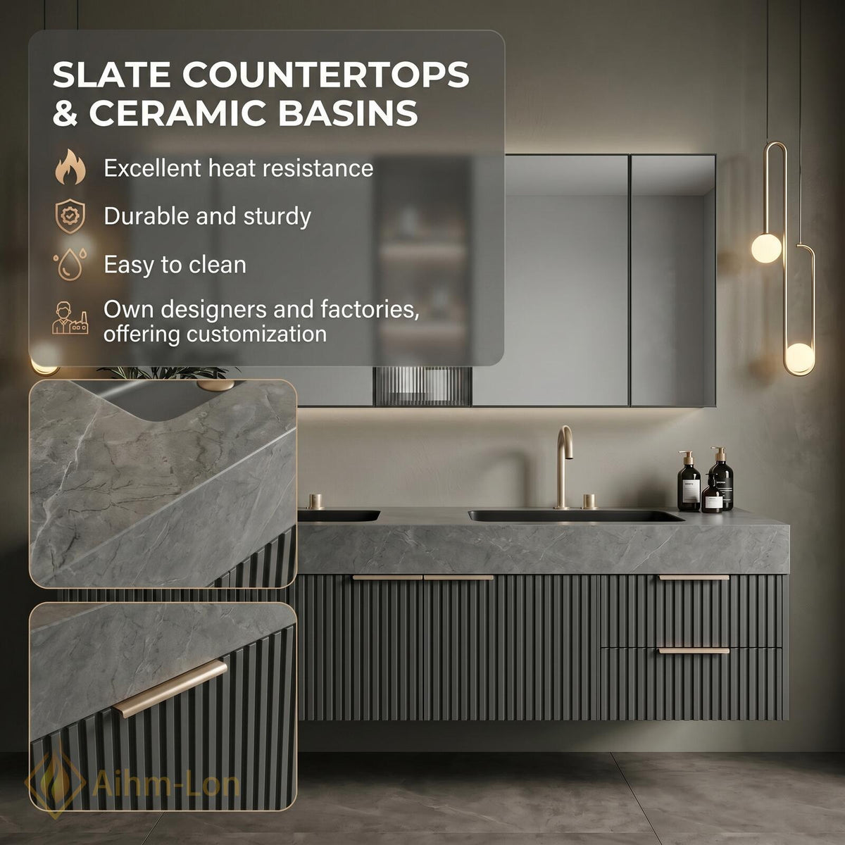 60''-96'' Double Bathroom Vanity with Sink Modern Floating Dark Stone Finish Fluted