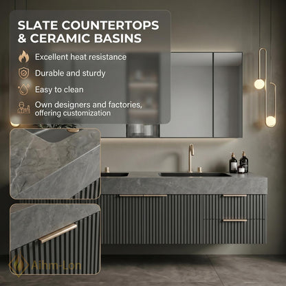60''-96'' Double Bathroom Vanity with Sink Modern Floating Dark Stone Finish Fluted