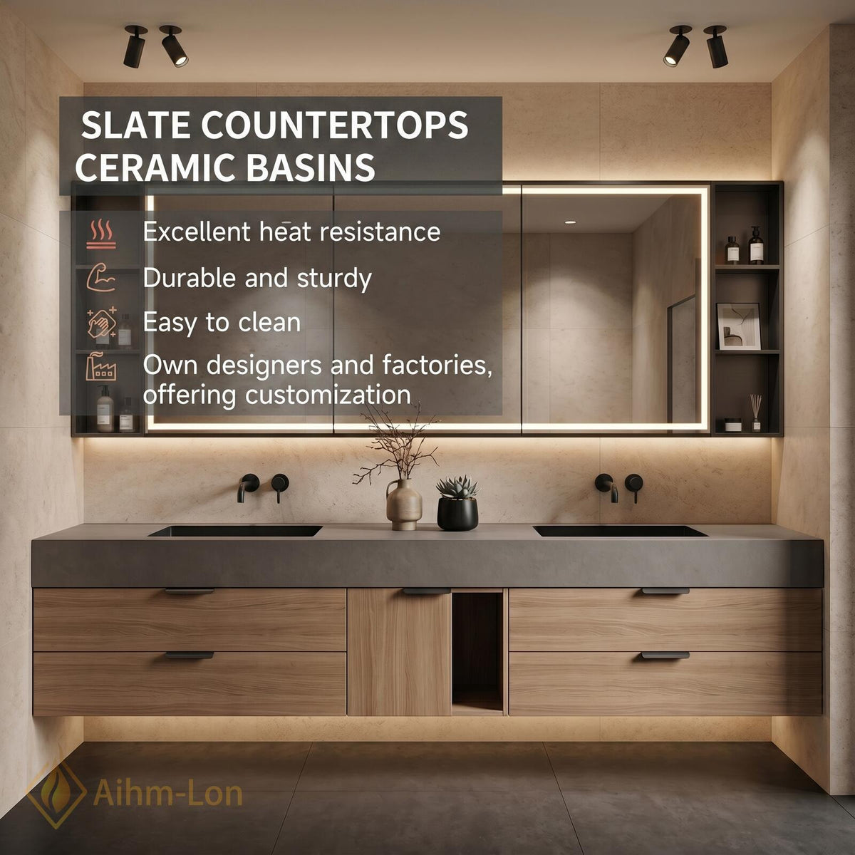 60''-96'' Double Bathroom Vanity with Sink Grey Stone Light Wood Drawers Storage