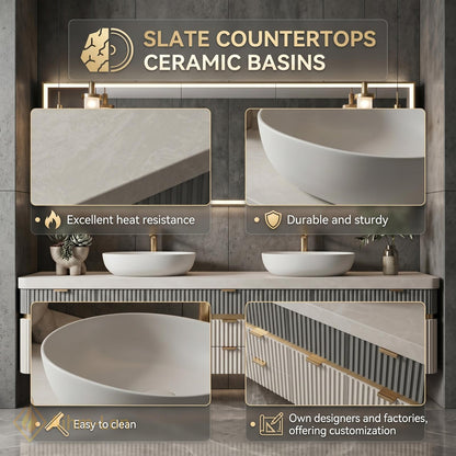 78''-96'' Modern Double Bathroom Vanity with Sink Floating Fluted Panel Two-Tone Finish