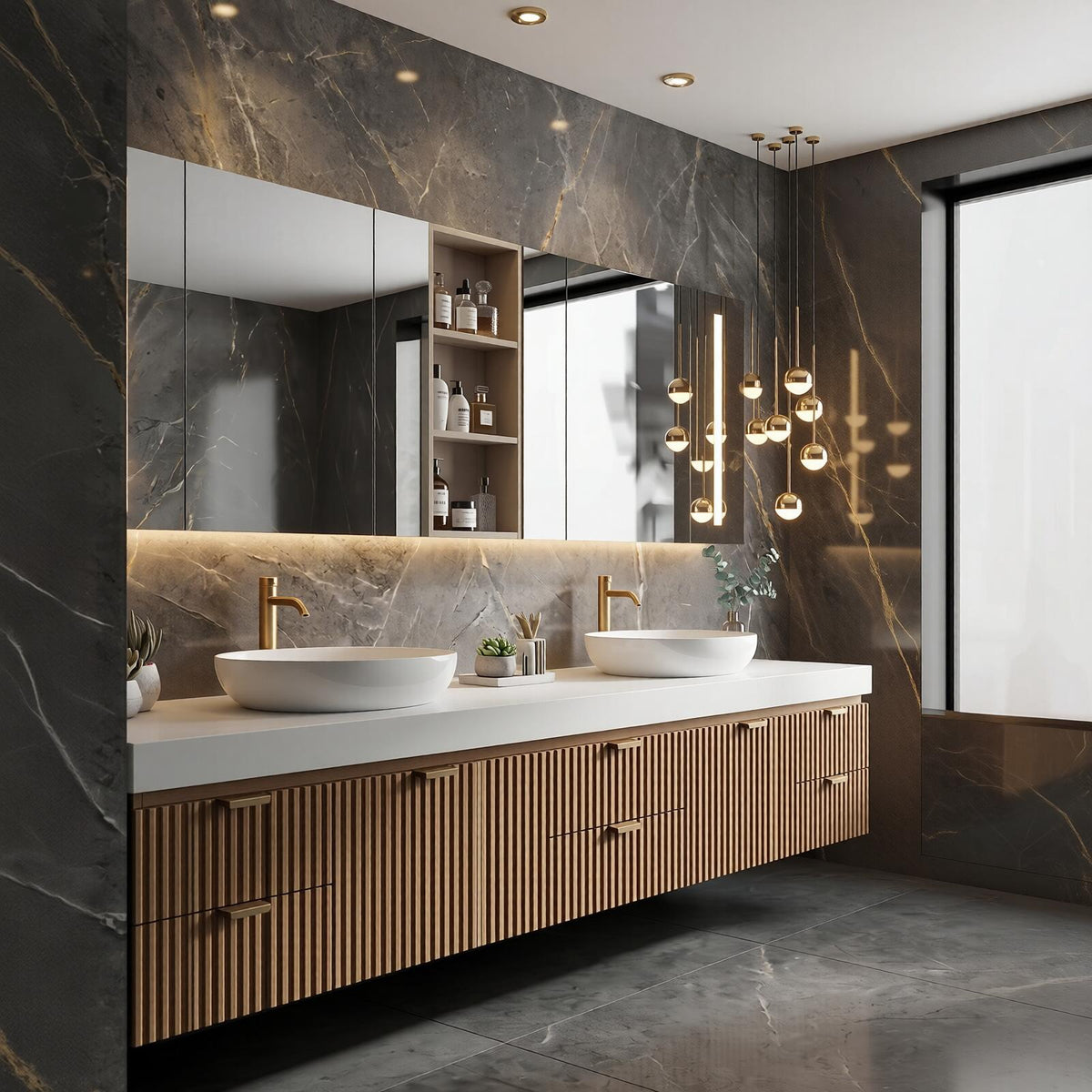 60''-96'' Double Bathroom Vanity with Sink Modern Floating Slatted Front Warm Oak Finish