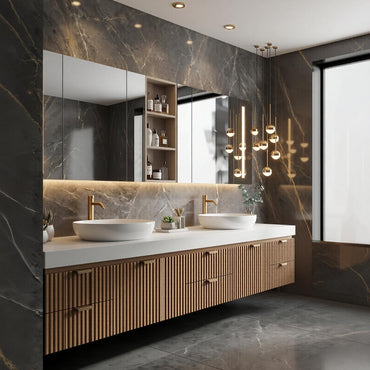 60''-96'' Double Bathroom Vanity with Sink Modern Floating Slatted Front Warm Oak Finish