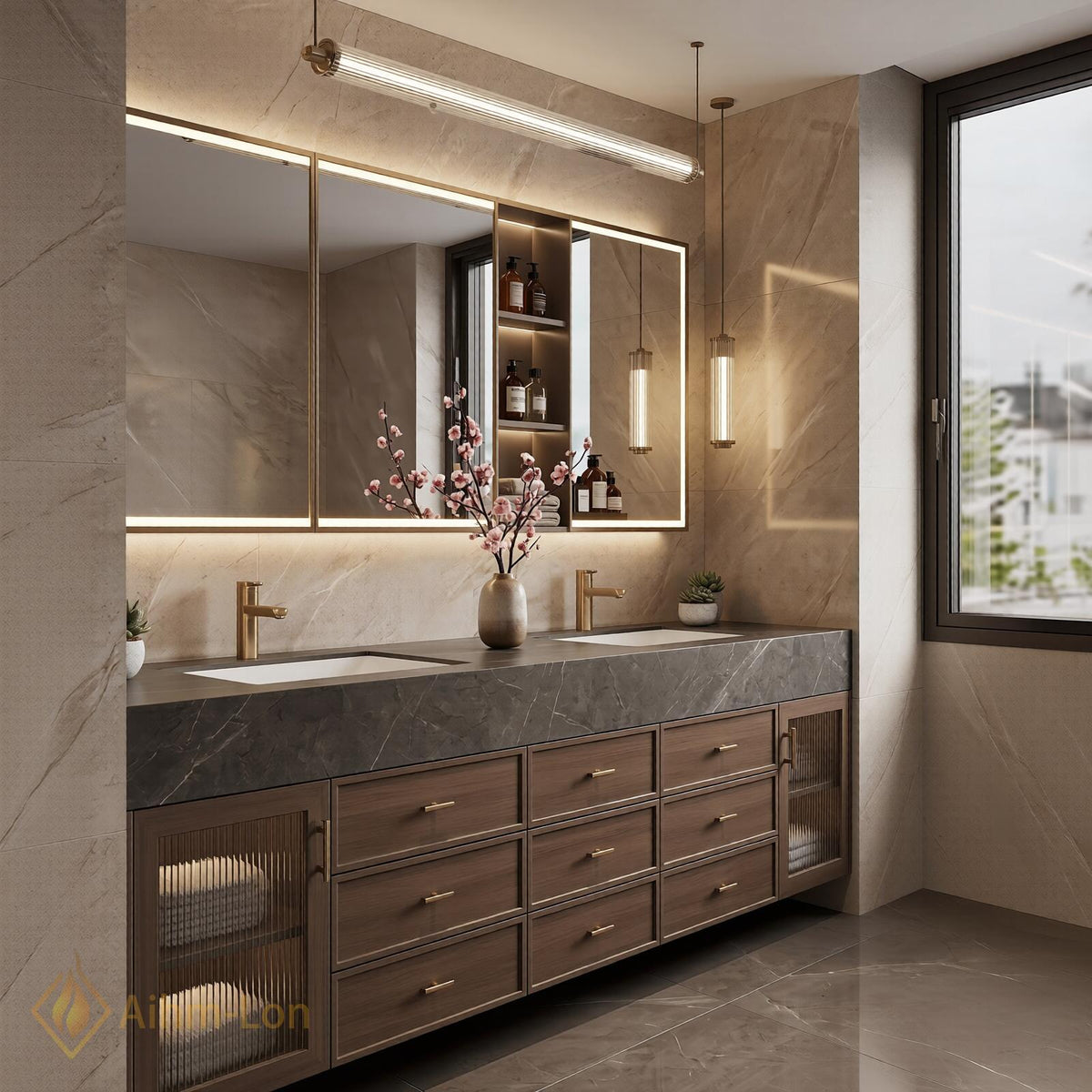 60''-96'' Double Bathroom Vanity with Sink Wall-Mounted Dark Stone Top Ample Drawers