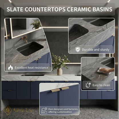 80''-96'' Double Bathroom Vanity with Sink Floating Double Marble Top Deep Navy