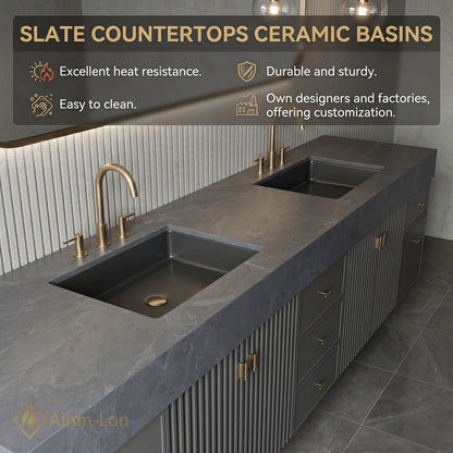 72''-96'' Double Bathroom Vanity with Sink Dark Slatted Finish Dual Drawers Shelving