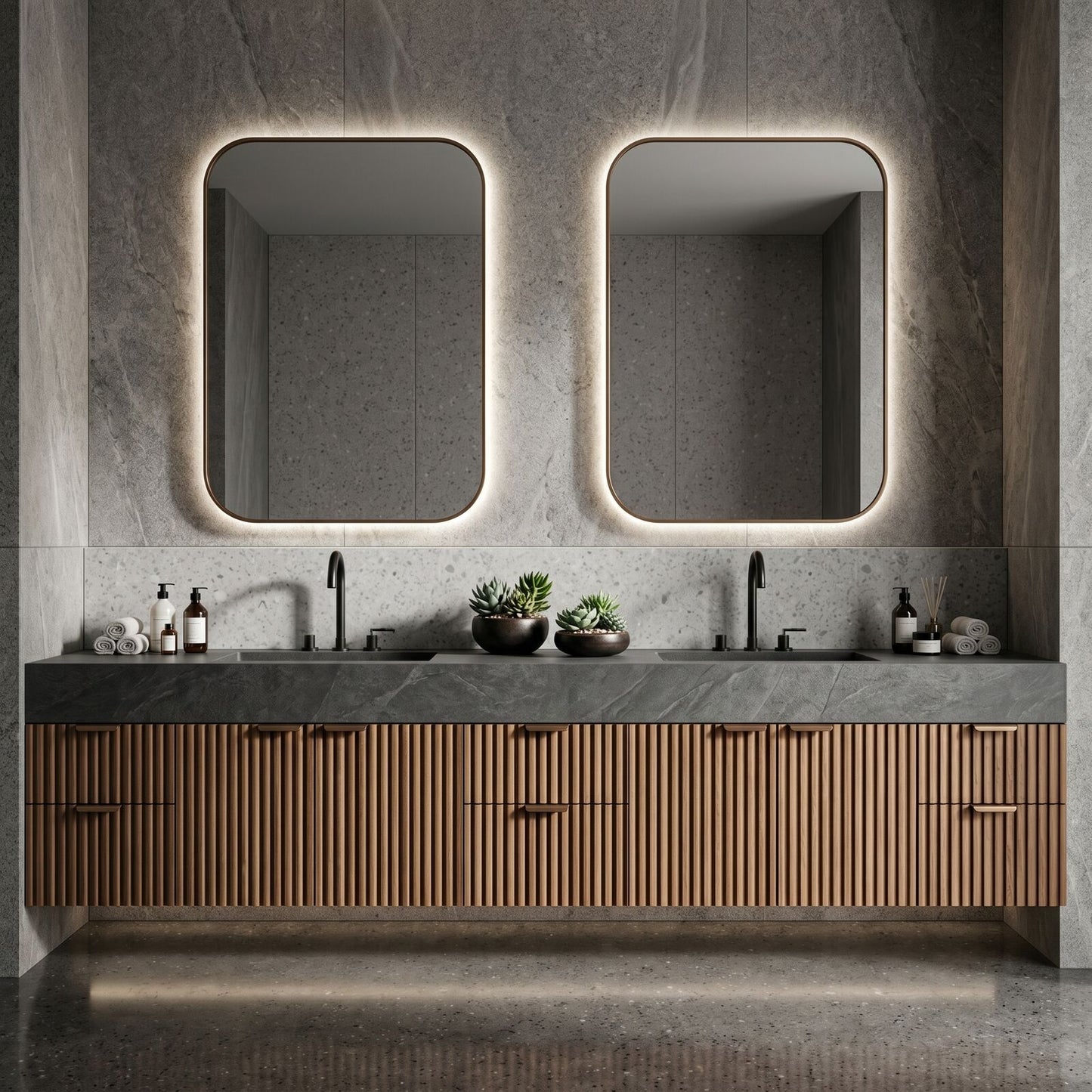 72''-96'' Double Bathroom Vanity with Sink Vertical Slatted Dark Stone Texture Large Drawers