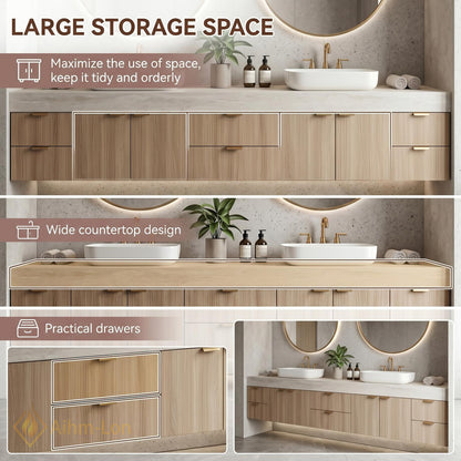 74''-96'' Double Bathroom Vanity with Sink Light-Wood Modern Grain Wall Mounted