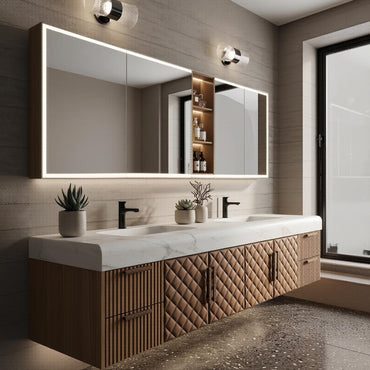 60''-96'' Double Bathroom Vanity with Sink Modern Floating Quilted Leather-Style Solid Wood