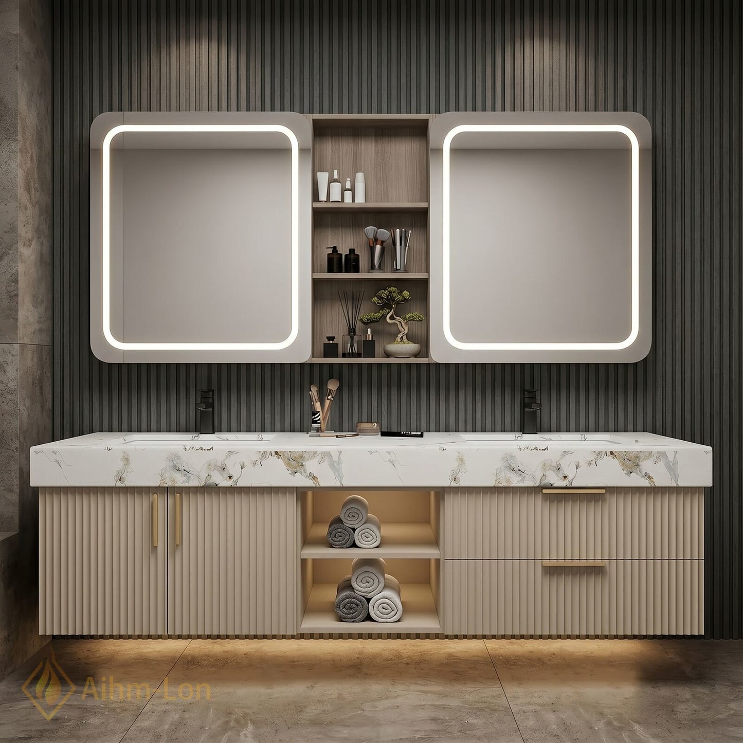 60''-96'' Double Bathroom Vanity with Sink Fluted Panel Marble Patterned Surface Dual