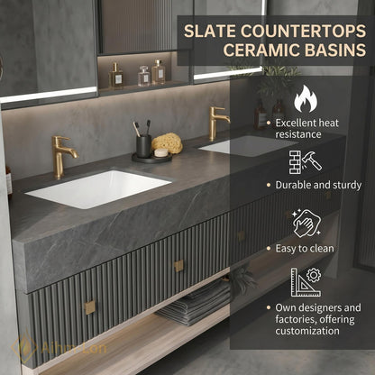 70''-96'' Double Bathroom Vanity with Sink Modern Floating Ribbed Dark Grey Panel