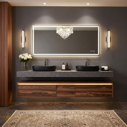 60''-96'' Double Bathroom Vanity with Sink Floating Cabinet Walnut Finish LED Mirror Spacious