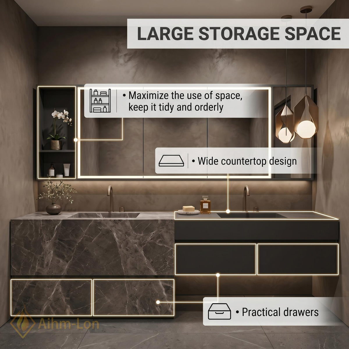 60''-96'' Double Bathroom Vanity with Sink Split Countertop Integrated Mirror Cabinet Shelving