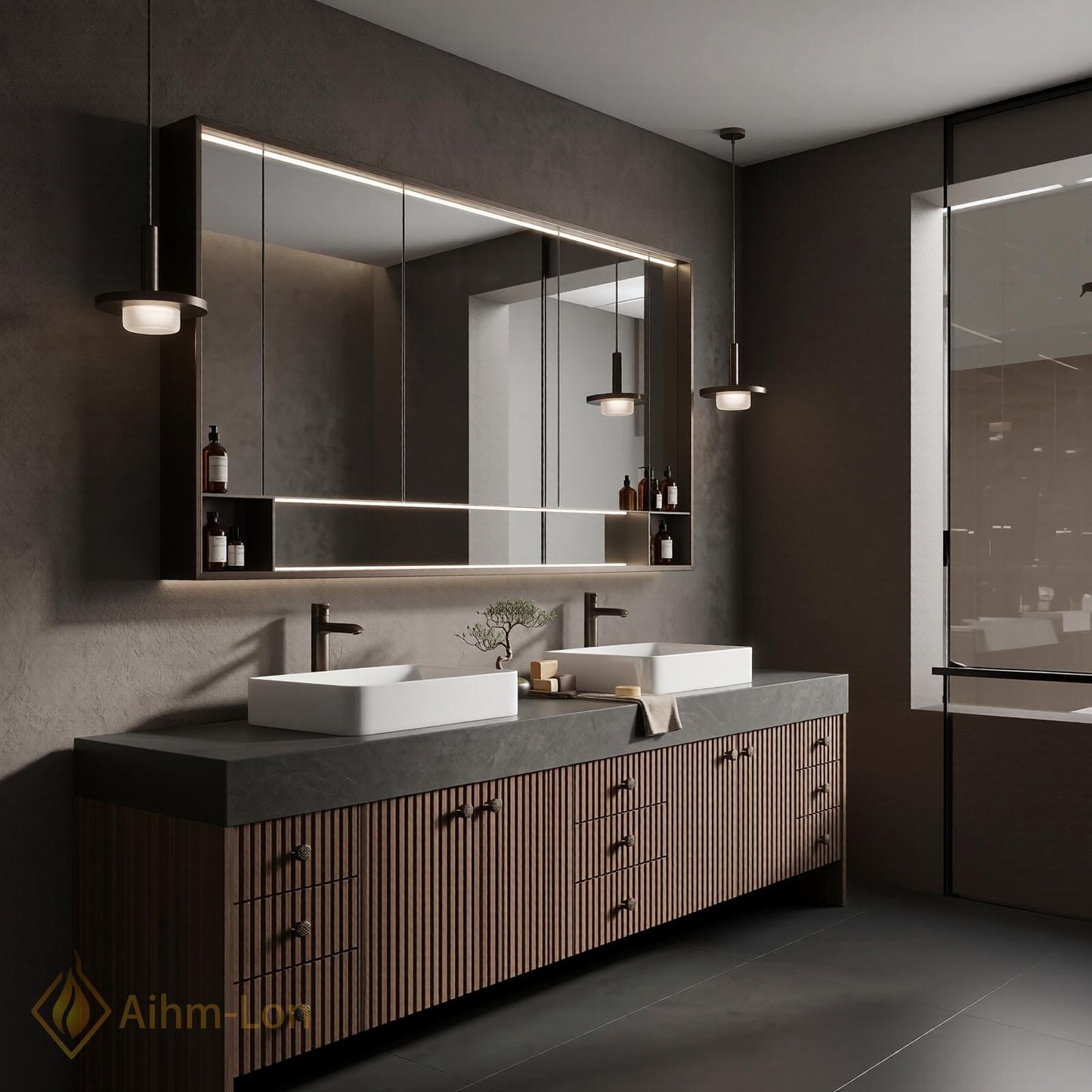 76''-96'' Modern Floating Bathroom Vanity with Sink Double Dark Walnut Slatted Panel