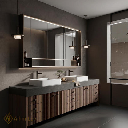 76''-96'' Modern Floating Bathroom Vanity with Sink Double Dark Walnut Slatted Panel