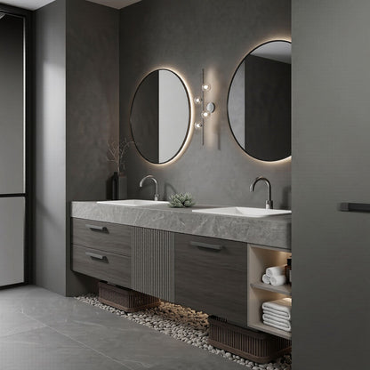 60''-96'' Double Bathroom Vanity with Sink Stone Grain Top Fluted Groove Door Shelving