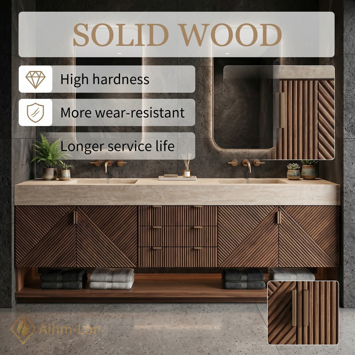 72''-96'' Double Bathroom Vanity with Sink Geometric Wood Doors Stone-Effect Countertop Stone