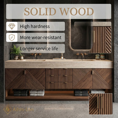 72''-96'' Double Bathroom Vanity with Sink Geometric Wood Doors Stone-Effect Countertop Stone