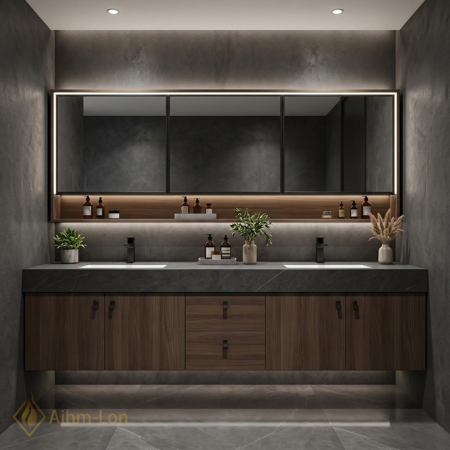 60''-96'' Modern Bathroom Vanity with Sink Floating Dark Walnut Stone Solid Wood Drawers
