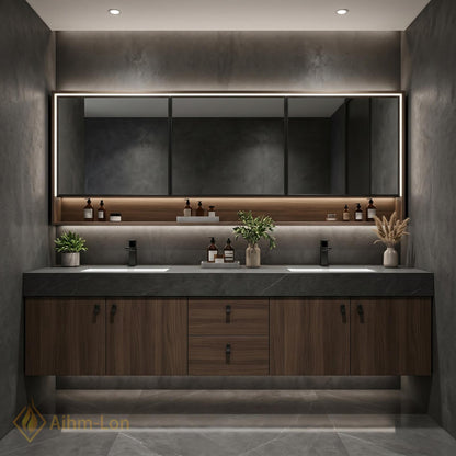 60''-96'' Modern Bathroom Vanity with Sink Floating Dark Walnut Stone Solid Wood Drawers
