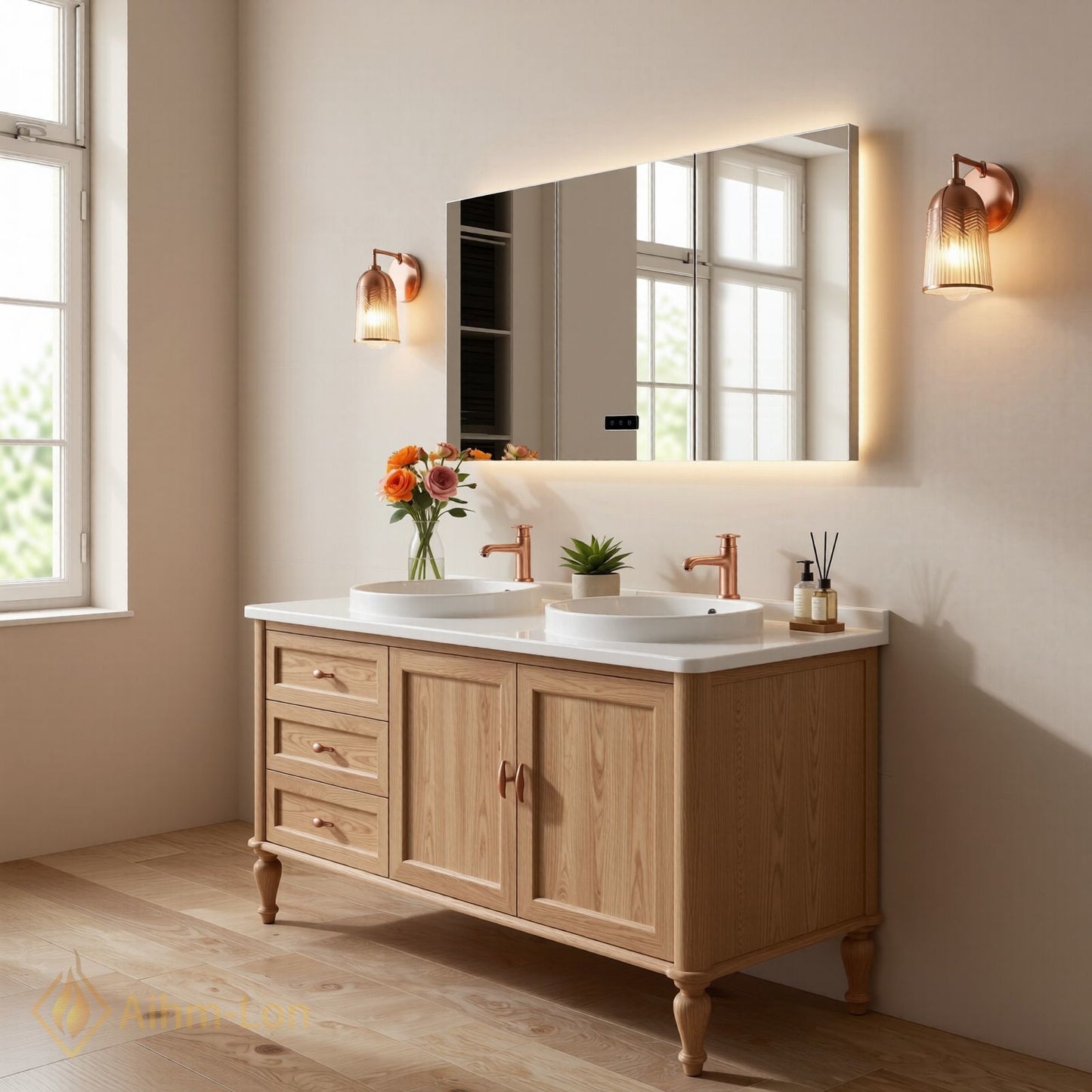60''-96'' Modern Bathroom Vanity with Sink Light Wood Grain Vessel Sinks Anti-Fog Mirror